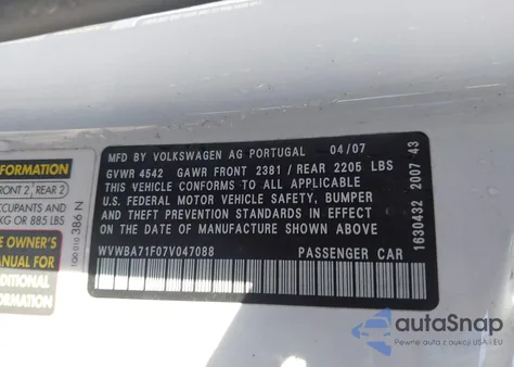 2007 Volkswagen Eos 2.0T from USA, damaged, VIN WVWBA71F07V047088